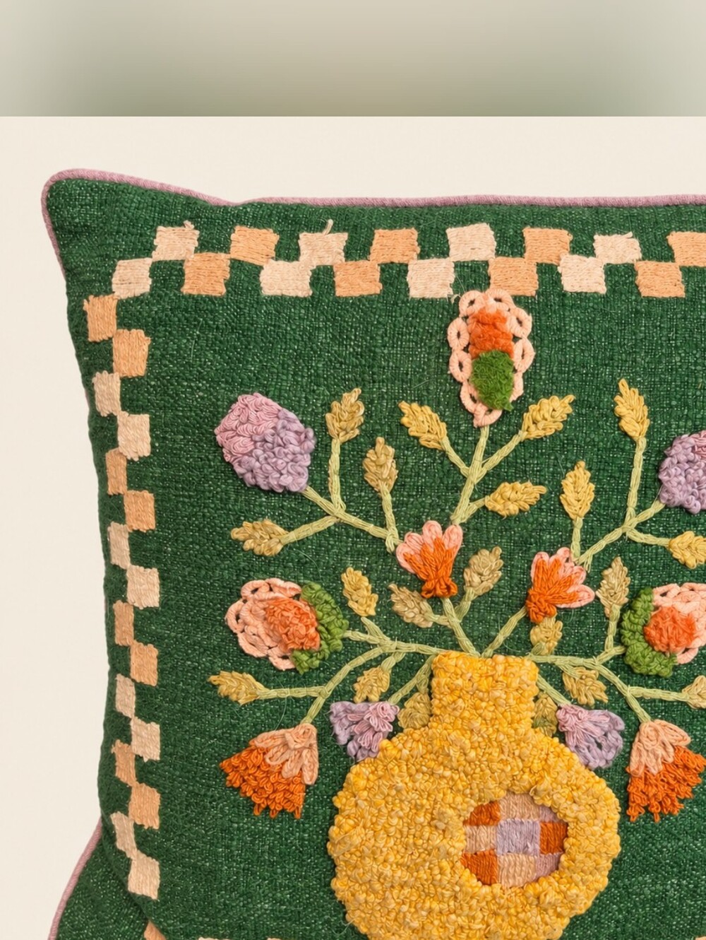 World Market Embroidered Tufted Floral Vase Throw Pillow 16" Green Cottagecore